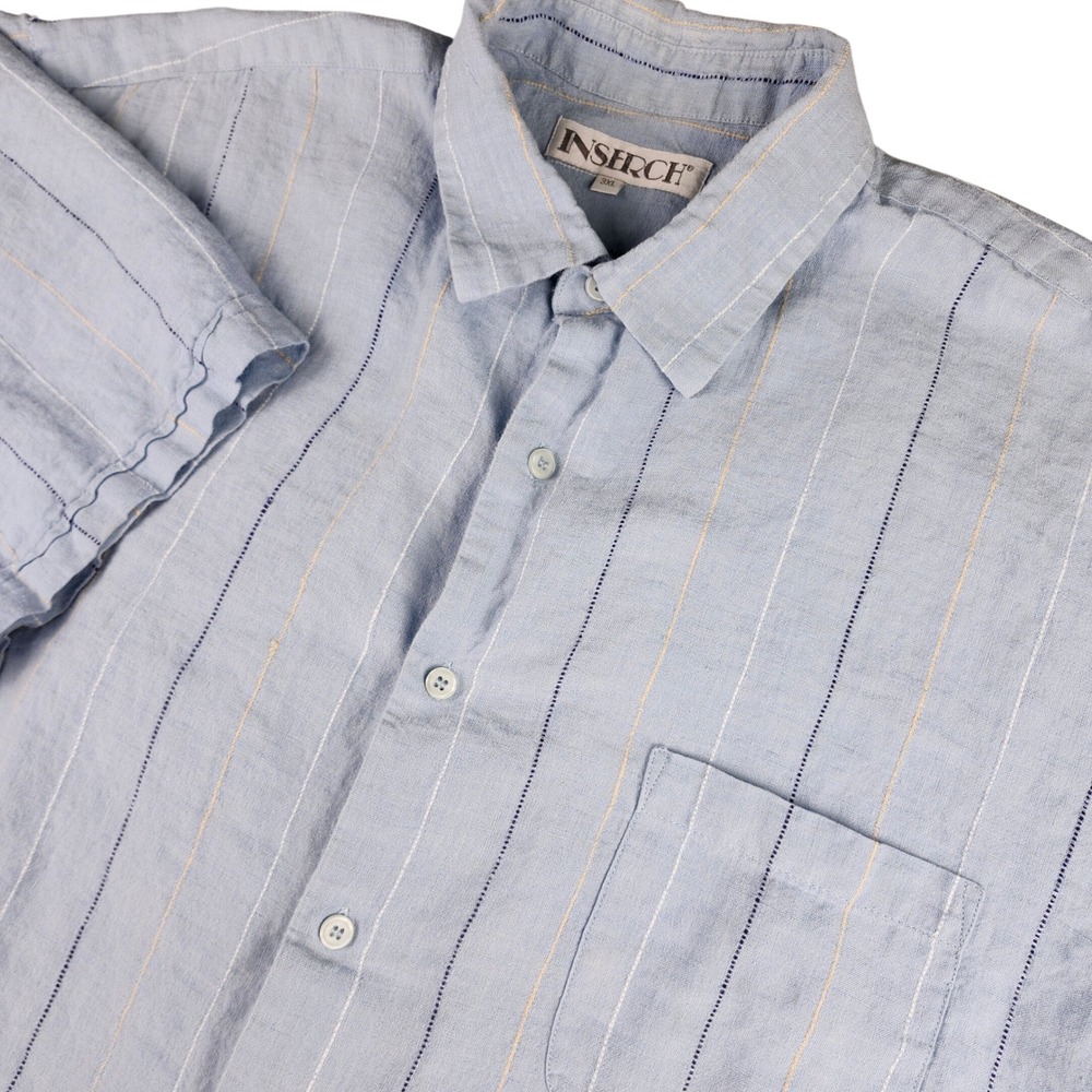 Inserch Linen Shirt Mens 3XL Button Up Blue Striped Short Sleeve Camp Vacation